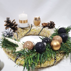 Adventi hóbagoly koszorú,  asztaldísz, karácsonyi dekoráció - karácsony - adventi díszek - adventi asztaldísz - Meska.hu