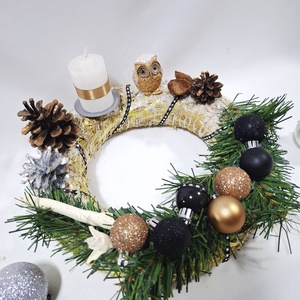 Adventi hóbagoly koszorú,  asztaldísz, karácsonyi dekoráció - karácsony - adventi díszek - adventi asztaldísz - Meska.hu