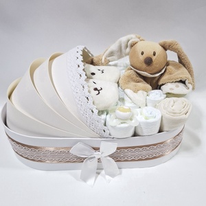 Kis nyuszi bölcső pelenkatorta 4-8 kg, pelenkatorony, babaváró csomag, kelengye - baba - mama - pelenkázó, babafürdető kellékek - pelenkatorta - Meska.hu