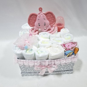 Kis elefánt pelenkatorony, 4-8 kg pelenkatorta, babaváró csomag , kelengye - baba - mama - pelenkázó, babafürdető kellékek - pelenkatorta - Meska.hu
