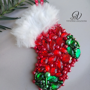 Karácsonyi dísz - kis zokni, Karácsony, Karácsonyi lakásdekoráció, Karácsonyfadíszek, Gyöngyfűzés, gyöngyhímzés, MESKA