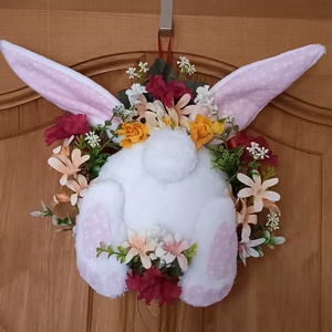 Nyuszipopós ajtódísz kopogtató, Ünnepi díszek, dekorációk, Húsvéti díszek és dekorációk, Húsvéti ajtódísz, kopogtató, Varrás, Virágkötés, MESKA