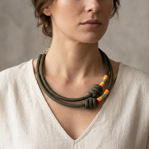 Vagány Csomózott Kötél Nyaklánc � Khaki, neon és arany részletekkel, Ékszer, Nyaklánc, Statement nyaklánc, Csomózás, MESKA