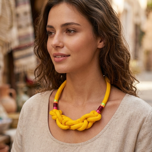 Kézműves fonott hajókötél nyaklánc � élénksárga, színes díszítéssel - ékszer - nyaklánc - statement nyaklánc - Meska.hu