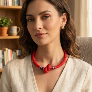 Egyedi Piros Hajókötél Statement Nyaklánc � Arany és Lila Részletekkel - ékszer - nyaklánc - statement nyaklánc - Meska.hu