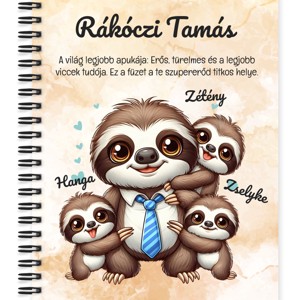 Személyre szabható - Nyakkendős Cuki lajhár Apa és három gyerek mintás A6-os füzet, Otthon & Életmód, Papír, írószer, Jegyzetfüzet & Napló, , MESKA