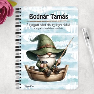 Személyre szabható - Csónakos horgász manó és kávé mintás A5-ös füzet - otthon & életmód - papír, írószer - jegyzetfüzet & napló - Meska.hu