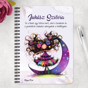 Személyre szabható - Bájos lila virágos tündér és a hold mintás A5-ös füzet - otthon & életmód - papír, írószer - jegyzetfüzet & napló - Meska.hu