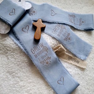 Kézzel festett és bélyegzett, tépett, pamutszalag, Bibliai, igés, felirattal- középkék-024, , , MESKA