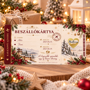 Karácsonyi beszálló kártya ajándék- utazáshoz , Karácsony, Karácsonyi ajándékozás, Karácsonyi képeslap, üdvözlőlap, ajándékkísérő, Fotó, grafika, rajz, illusztráció, 20x10cm
300g vastag matt papírra készül, arany színű kaparós szívvel
Az utasok nevei, dátum stb. ny..., MESKA