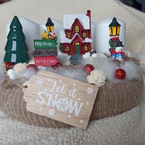 Havas táj -Adventi koszorú világító házikóval - karácsony - adventi díszek - adventi koszorú - Meska.hu