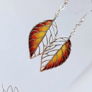 Leaf - Fagus / Bükk ezüst tűzzománc ajour fülbevaló - naracs-vörös, Ékszer, Fülbevaló, Lógó fülbevaló, Ötvös, Tűzzománc, MESKA