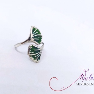 Leaf - Ginkgo Biloba - tűzzománc ezüst gyűrű, smaragdzöld - Meska.hu