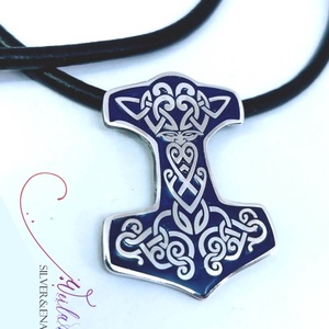 Edda - Mjölnir - Thor kalapácsa ezüst tűzzománc medál, sötétkék - ékszer - nyaklánc - medál - Meska.hu