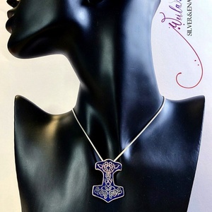 Edda - Mjölnir - Thor kalapácsa ezüst tűzzománc medál, sötétkék - ékszer - nyaklánc - medál - Meska.hu