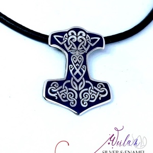 Edda - Mjölnir - Thor kalapácsa ezüst tűzzománc medál, sötétkék - ékszer - nyaklánc - medál - Meska.hu