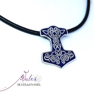 Edda - Mjölnir - Thor kalapácsa ezüst tűzzománc medál, sötétkék - ékszer - nyaklánc - medál - Meska.hu