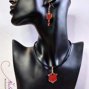 Tradició - Matyó - Tulipán bronz tűzzománc medál, piros - ékszer - nyaklánc - medálos nyaklánc - Meska.hu