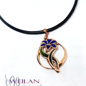 Flora - Liliom bronz tűzzománc medál, sötétkék - ékszer - nyaklánc - medálos nyaklánc - Meska.hu