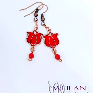 Tradició - Matyó - Tulipán bronz tűzzománc fülbevaló, piros - Meska.hu