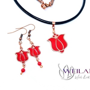 Tradició - Matyó - Tulipán bronz tűzzománc fülbevaló, piros - ékszer - fülbevaló - lógó fülbevaló - Meska.hu