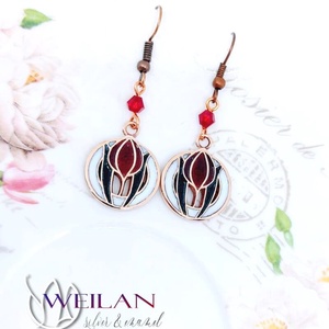 Hej' tulipán - Körtánc bronz tűzzománc fülbevaló - piros-fehér-zöld , Ékszer, Fülbevaló, Lógó fülbevaló, Ötvös, Tűzzománc, MESKA