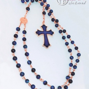 Rózsafüzér bronz, türkizkék tűzzománc kereszttel, kék tigrisszem ásványgyöngyökből - otthon & életmód - vallás - lánc & füzér - Meska.hu
