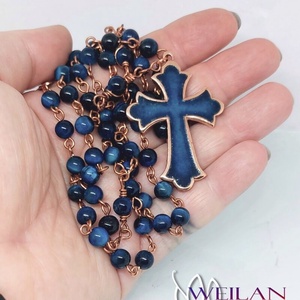 Rózsafüzér bronz, türkizkék tűzzománc kereszttel, kék tigrisszem ásványgyöngyökből - otthon & életmód - vallás - lánc & füzér - Meska.hu