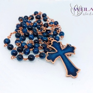 Rózsafüzér bronz, türkizkék tűzzománc kereszttel, kék tigrisszem ásványgyöngyökből - Meska.hu