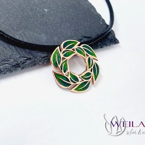 Leaf - Laurus / Babér bronz tűzzománc medál, zöld - Meska.hu