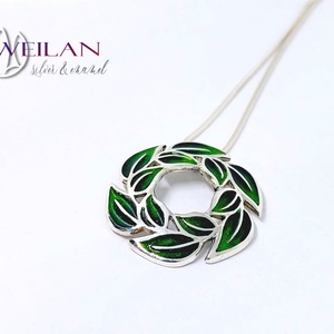 Leaf - Laurus / Babér ezüst tűzzománc medál, zöld - ékszer - nyaklánc - medál - Meska.hu