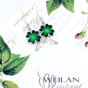 Négylevelű lóhere ezüst tűzzománc fülbevaló, zöld  - ékszer - fülbevaló - lógó fülbevaló - Meska.hu