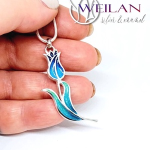 Hej'tulipán - Virágszálam ezüst tűzzománc medál kék-zöld - ékszer - nyaklánc - medál - Meska.hu