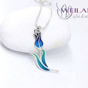 Hej'tulipán - Virágszálam ezüst tűzzománc medál kék-zöld - ékszer - nyaklánc - medál - Meska.hu