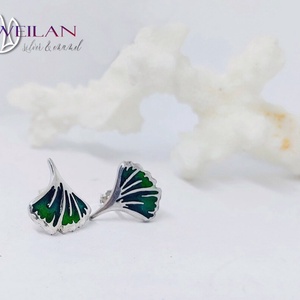 Leaf - Ginkgo Biloba - tűzzománc ezüst stiftes fülbevaló, smaragdzöld, Ékszer, Fülbevaló, Pötty fülbevaló, Tűzzománc, Ötvös, MESKA