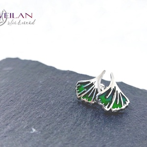 Leaf - Ginkgo Biloba - tűzzománc ezüst stiftes fülbevaló, smaragdzöld - ékszer - fülbevaló - pötty fülbevaló - Meska.hu