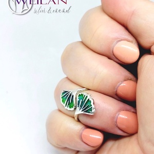 Leaf - Ginkgo Biloba - tűzzománc ezüst gyűrű, smaragdzöld - 48-49-es méret - ékszer - gyűrű - figurális gyűrű - Meska.hu