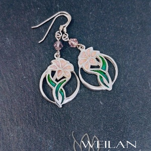  Flora - Liliom ezüst tűzzománc fülbevaló - rózsaszín - ékszer - fülbevaló - lógó fülbevaló - Meska.hu