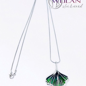 Leaf - Ginkgo Biloba - ezüst tűzzománc medál, ezüst láncon, smaragdzöld - Meska.hu