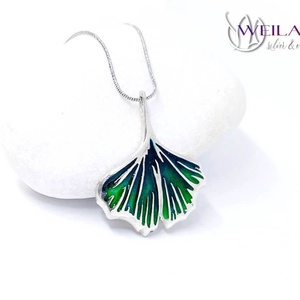 Leaf - Ginkgo Biloba - ezüst tűzzománc medál, ezüst láncon, smaragdzöld - ékszer - nyaklánc - medálos nyaklánc - Meska.hu