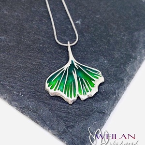 Leaf - Ginkgo Biloba - ezüst tűzzománc medál, ezüst láncon, smaragdzöld - ékszer - nyaklánc - medálos nyaklánc - Meska.hu