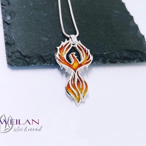 Mágia kollekció - Főnix, Tűzfőnix - ezüst tűzzománc medál, vörös-arany - Meska.hu