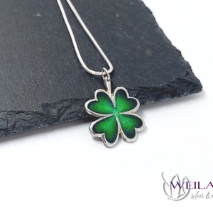 Négylevelű lóhere ezüst tűzzománc medál, zöld, Ékszer, Nyaklánc, Medál, Tűzzománc, Ötvös, MESKA
