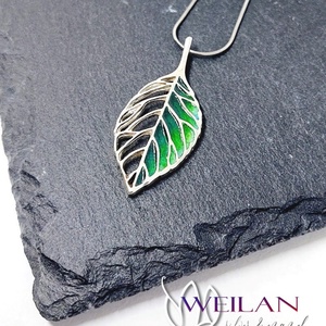 Leaf - Fagus / Bükk ezüst tűzzománc medál, vékony ezüst nyakláncon - Meska.hu