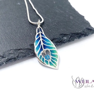 Pávatoll, ezüst tűzzománc medál, kézműves ékszer, türkiz színekben - ékszer - nyaklánc - medálos nyaklánc - Meska.hu