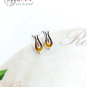 Pántlika ezüst tűzzománc stiftes fülbevaló, piros-narancs-arany, Ékszer, Fülbevaló, Pötty fülbevaló, Ötvös, Tűzzománc, MESKA