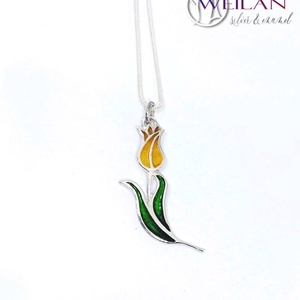 Hej'tulipán - Virágszálam ezüst tűzzománc medál narancs-arany-zöld - ékszer - nyaklánc - medál - Meska.hu