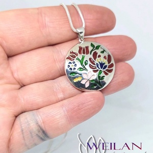 Tradició - Virágoskertem, népi motívumú ezüst tűzzománc medál, kisebb méret - ékszer - nyaklánc - medálos nyaklánc - Meska.hu