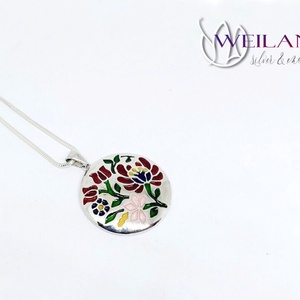 Tradició - Virágoskertem, népi motívumú ezüst tűzzománc medál, kisebb méret - ékszer - nyaklánc - medálos nyaklánc - Meska.hu