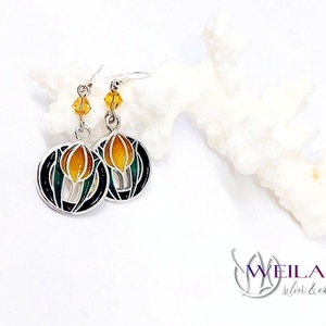 Hej' tulipán - Körtánc ezüst tűzzománc fülbevaló - arany - narancs - türkiz - ékszer - fülbevaló - lógó fülbevaló - Meska.hu